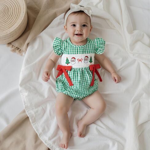 Newborn Infant Baby Girl Christmas Outfit Santa/Christmas Tree Embroidery Plaid Smocked Bubble Romper Ruffle Bodysuit in Saudi Arabia