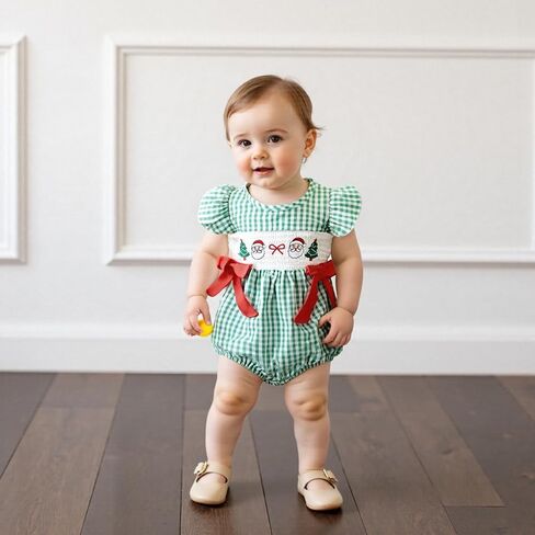 Newborn Infant Baby Girl Christmas Outfit Santa/Christmas Tree Embroidery Plaid Smocked Bubble Romper Ruffle Bodysuit in Saudi Arabia