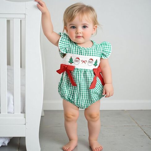 Newborn Infant Baby Girl Christmas Outfit Santa/Christmas Tree Embroidery Plaid Smocked Bubble Romper Ruffle Bodysuit in Saudi Arabia