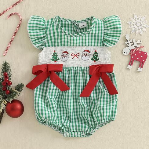 Newborn Infant Baby Girl Christmas Outfit Santa/Christmas Tree Embroidery Plaid Smocked Bubble Romper Ruffle Bodysuit in Saudi Arabia