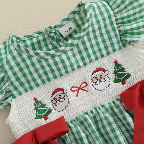 Newborn Infant Baby Girl Christmas Outfit Santa/Christmas Tree Embroidery Plaid Smocked Bubble Romper Ruffle Bodysuit in Saudi Arabia