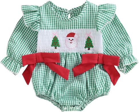 Newborn Infant Baby Girl Christmas Outfit Santa/Christmas Tree Embroidery Plaid Smocked Bubble Romper Ruffle Bodysuit in Saudi Arabia
