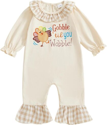 Seyurigaoka Thanksgiving Baby Girl Outfit Funny Letter Turkey Ruffled Romper Bell Bottom Jumpsuit Fall Winter Clothes in Saudi Arabia