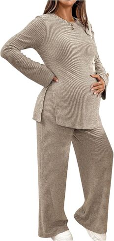 Women's Maternity 2 Piece Outfits Ribbed Knit Crew Neck Fall Tops and Pants Set in Saudi Arabia