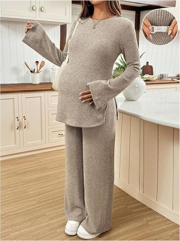 Women's Maternity 2 Piece Outfits Ribbed Knit Crew Neck Fall Tops and Pants Set in Saudi Arabia
