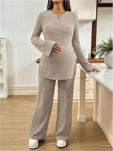 Women's Maternity 2 Piece Outfits Ribbed Knit Crew Neck Fall Tops and Pants Set in Saudi Arabia