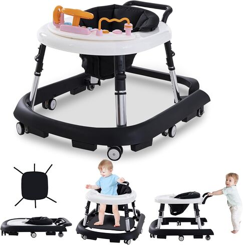 Baby Walker Foldable with Music and Lights,Portable Baby Walker with Wheels,9 Adjustable Heights,Removable Tray&Footrest, Speed Adjustable,Infant Toddler Walker for Baby Boy Girls 6-18 Months (Black) in Saudi Arabia