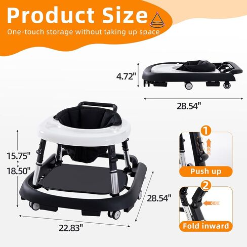 Baby Walker Foldable with Music and Lights,Portable Baby Walker with Wheels,9 Adjustable Heights,Removable Tray&Footrest, Speed Adjustable,Infant Toddler Walker for Baby Boy Girls 6-18 Months (Black) in Saudi Arabia