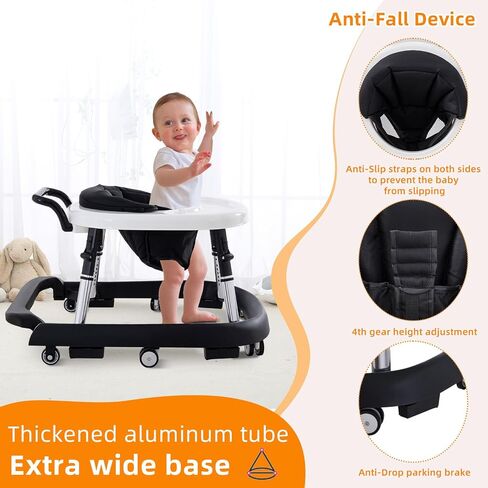 Baby Walker Foldable with Music and Lights,Portable Baby Walker with Wheels,9 Adjustable Heights,Removable Tray&Footrest, Speed Adjustable,Infant Toddler Walker for Baby Boy Girls 6-18 Months (Black) in Saudi Arabia