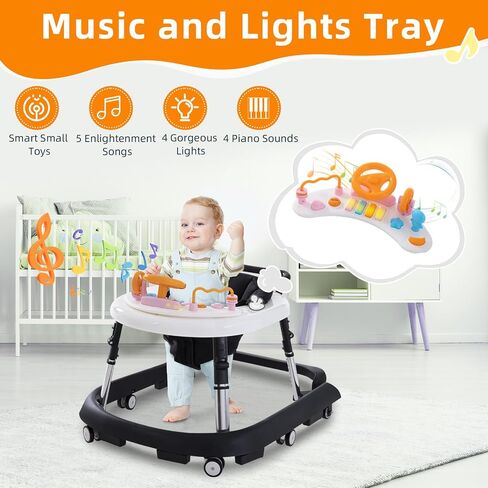 Baby Walker Foldable with Music and Lights,Portable Baby Walker with Wheels,9 Adjustable Heights,Removable Tray&Footrest, Speed Adjustable,Infant Toddler Walker for Baby Boy Girls 6-18 Months (Black) in Saudi Arabia
