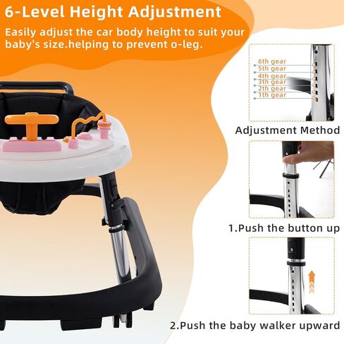 Baby Walker Foldable with Music and Lights,Portable Baby Walker with Wheels,9 Adjustable Heights,Removable Tray&Footrest, Speed Adjustable,Infant Toddler Walker for Baby Boy Girls 6-18 Months (Black) in Saudi Arabia