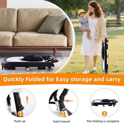Baby Walker Foldable with Music and Lights,Portable Baby Walker with Wheels,9 Adjustable Heights,Removable Tray&Footrest, Speed Adjustable,Infant Toddler Walker for Baby Boy Girls 6-18 Months (Black) in Saudi Arabia