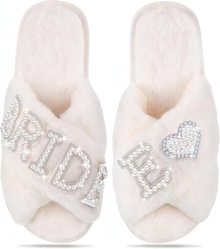 Personalized Bride Slippers for Bride to Be | Plush,Non-Slip & Custom Initial A-Z with Pearl Rhinestones | Personalized Gift for Bridal Shower,Bachelorette,Honeymoon & Wedding in Saudi Arabia