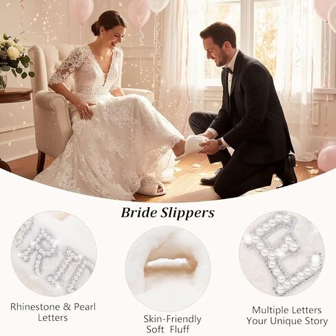 Personalized Bride Slippers for Bride to Be | Plush,Non-Slip & Custom Initial A-Z with Pearl Rhinestones | Personalized Gift for Bridal Shower,Bachelorette,Honeymoon & Wedding in Saudi Arabia