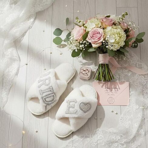 Personalized Bride Slippers for Bride to Be | Plush,Non-Slip & Custom Initial A-Z with Pearl Rhinestones | Personalized Gift for Bridal Shower,Bachelorette,Honeymoon & Wedding in Saudi Arabia