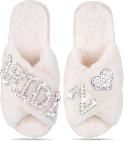 Personalized Bride Slippers for Bride to Be | Plush,Non-Slip & Custom Initial A-Z with Pearl Rhinestones | Personalized Gift for Bridal Shower,Bachelorette,Honeymoon & Wedding in Saudi Arabia