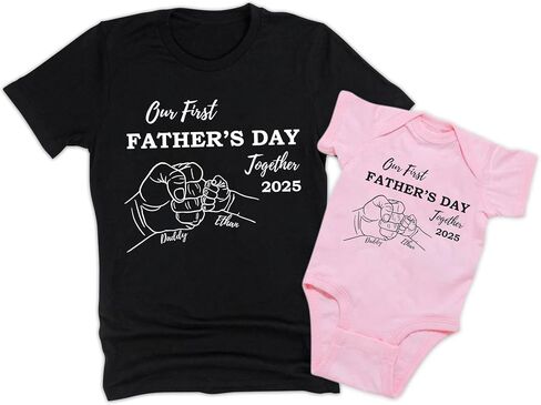 LASFOUR Personalized Our First Fathers Day Matching Shirts 2024, Custom Dad Shirt and Baby Onesie, Gift for New Dad and Baby in Saudi Arabia