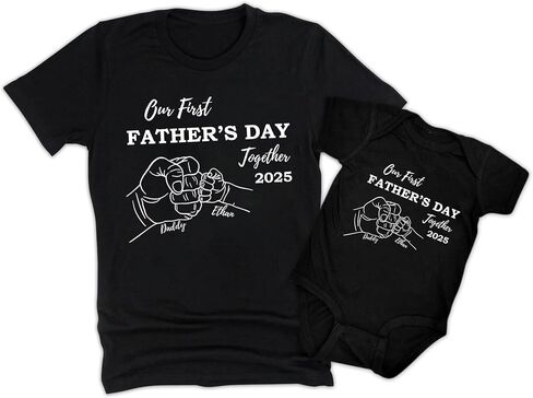 LASFOUR Personalized Our First Fathers Day Matching Shirts 2024, Custom Dad Shirt and Baby Onesie, Gift for New Dad and Baby in Saudi Arabia
