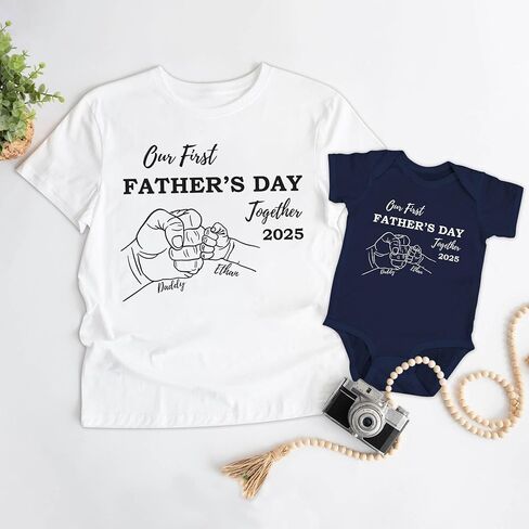 LASFOUR Personalized Our First Fathers Day Matching Shirts 2024, Custom Dad Shirt and Baby Onesie, Gift for New Dad and Baby in Saudi Arabia