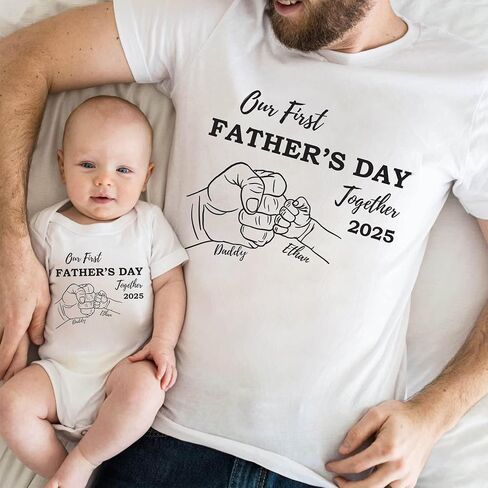 LASFOUR Personalized Our First Fathers Day Matching Shirts 2024, Custom Dad Shirt and Baby Onesie, Gift for New Dad and Baby in Saudi Arabia