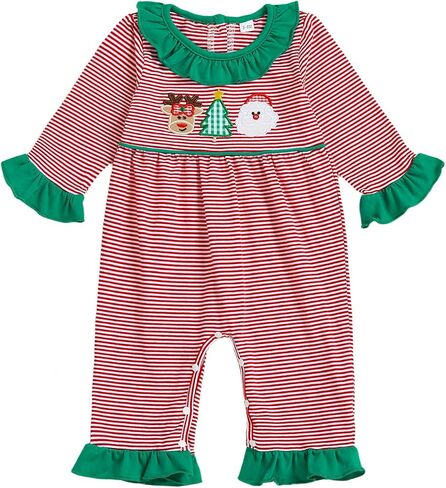 My First Christmas Baby Girl Outfit Embroidery Stripe Romper Ruffle Flare Pants Jumpsuit Cute Newborn Holiday Photo in Saudi Arabia