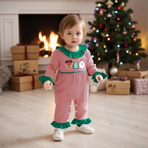 My First Christmas Baby Girl Outfit Embroidery Stripe Romper Ruffle Flare Pants Jumpsuit Cute Newborn Holiday Photo in Saudi Arabia