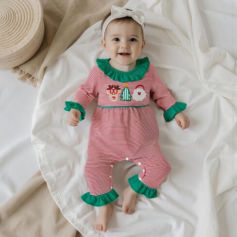 My First Christmas Baby Girl Outfit Embroidery Stripe Romper Ruffle Flare Pants Jumpsuit Cute Newborn Holiday Photo in Saudi Arabia