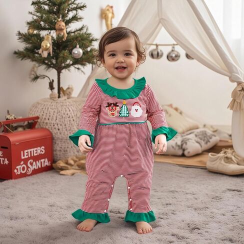 My First Christmas Baby Girl Outfit Embroidery Stripe Romper Ruffle Flare Pants Jumpsuit Cute Newborn Holiday Photo in Saudi Arabia