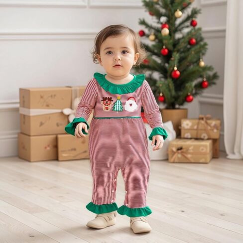 My First Christmas Baby Girl Outfit Embroidery Stripe Romper Ruffle Flare Pants Jumpsuit Cute Newborn Holiday Photo in Saudi Arabia