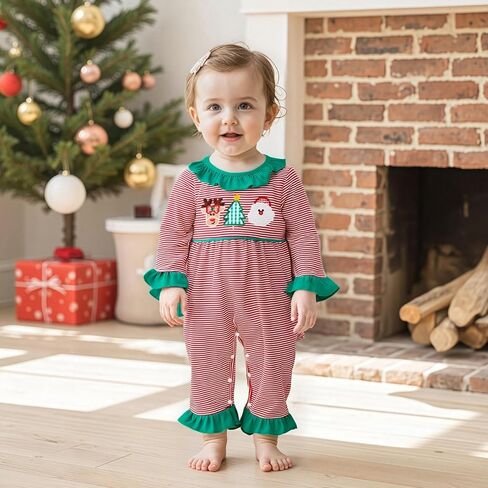 My First Christmas Baby Girl Outfit Embroidery Stripe Romper Ruffle Flare Pants Jumpsuit Cute Newborn Holiday Photo in Saudi Arabia