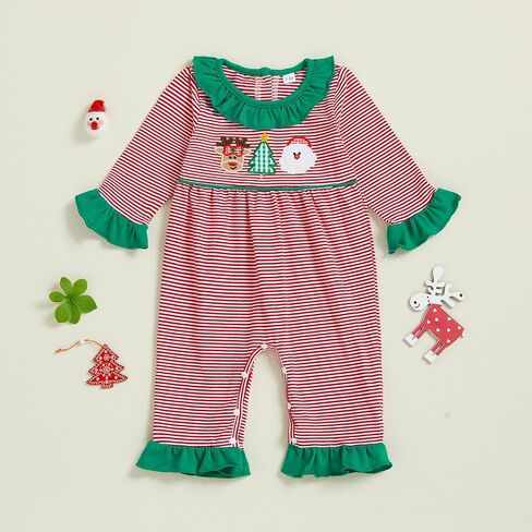 My First Christmas Baby Girl Outfit Embroidery Stripe Romper Ruffle Flare Pants Jumpsuit Cute Newborn Holiday Photo in Saudi Arabia