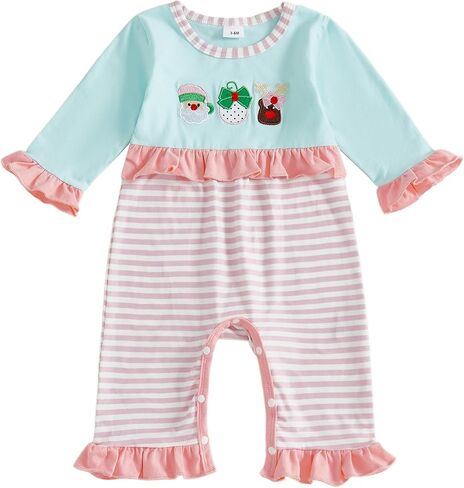My First Christmas Baby Girl Outfit Embroidery Stripe Romper Ruffle Flare Pants Jumpsuit Cute Newborn Holiday Photo in Saudi Arabia