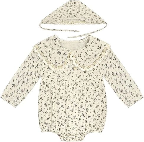 Baby Girl Fall Clothes Outfits Cute Long Sleeve Ruffles Embroidered Bubble Romper Lapel Jumpsuit Bodysuit with Hat in Saudi Arabia