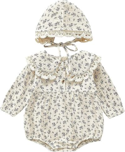 Baby Girl Fall Clothes Outfits Cute Long Sleeve Ruffles Embroidered Bubble Romper Lapel Jumpsuit Bodysuit with Hat in Saudi Arabia
