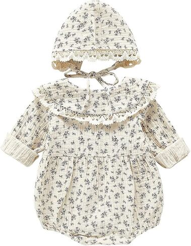 Baby Girl Fall Clothes Outfits Cute Long Sleeve Ruffles Embroidered Bubble Romper Lapel Jumpsuit Bodysuit with Hat in Saudi Arabia