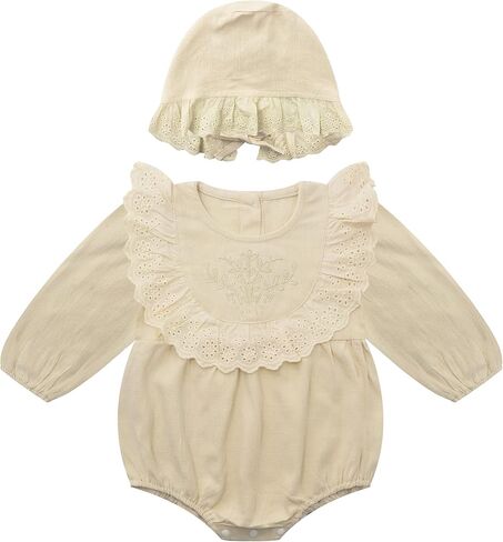 Baby Girl Fall Clothes Outfits Cute Long Sleeve Ruffles Embroidered Bubble Romper Lapel Jumpsuit Bodysuit with Hat in Saudi Arabia