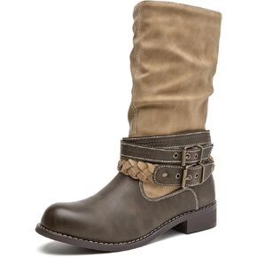 SelRoys Women’s Mid-calf Motorcycle Riding Boots with Buckle Straps Pull-on Low Block Heel Round Toe Slouchy Boots in Saudi Arabia
