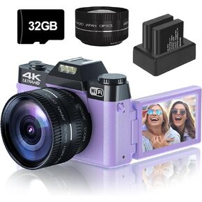 Digital Camera for Photography,4K 56MP Vlogging Camera for YouTube,3" 180° Flip Screen,16X Digital Zoom and Autofocus,52mm Wide Angle & Macro Lens,32G Micro SD Card and 2 Batteries(Purple) in Saudi Arabia