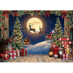 LTLYH 7x5ft Christmas Backdrop Santa Sleigh Reindeer Full Moon Winter Night Scene Backdrop, Xmas Tree Gift Photography Background Banner for Party Photo Booth Decor 349 in Kuwait