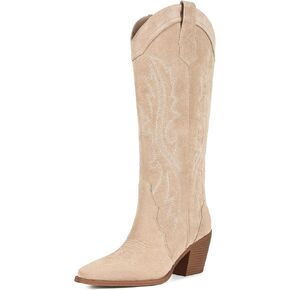 Suede Cowgirl Boots Women Knee High Boots Retro Pointed Toe Tall Block Heel Pull On Western Cowboy Boots with Embroidered in Saudi Arabia