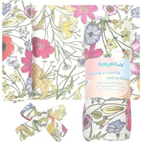 Baby Muslin Swaddle Blankets for Boys & Girls, Newborn Swaddle Set with Matching Headband Bow, 47 x 47 inches, Neutral Infant Blanket Wrap, Wildflower Pattern, 70% Viscose from Bamboo and 30% Cotton in Saudi Arabia