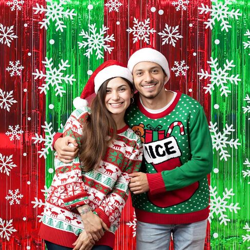 2 حزم عيد الميلاد احباط هامش الستائر 3.3 × 6.6 قدم زينة حفلة عيد الميلاد أحمر أخضر ندفة الثلج بهرج خلفية معدنية احباط صور كشك الدعامة لعيد الميلاد السنة الجديدة عيد ميلاد حفلات جدار ديكور in Saudi Arabia