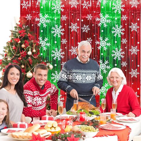 2 حزم عيد الميلاد احباط هامش الستائر 3.3 × 6.6 قدم زينة حفلة عيد الميلاد أحمر أخضر ندفة الثلج بهرج خلفية معدنية احباط صور كشك الدعامة لعيد الميلاد السنة الجديدة عيد ميلاد حفلات جدار ديكور in Saudi Arabia