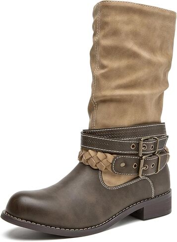 SelRoys Women’s Mid-calf Motorcycle Riding Boots with Buckle Straps Pull-on Low Block Heel Round Toe Slouchy Boots in Saudi Arabia