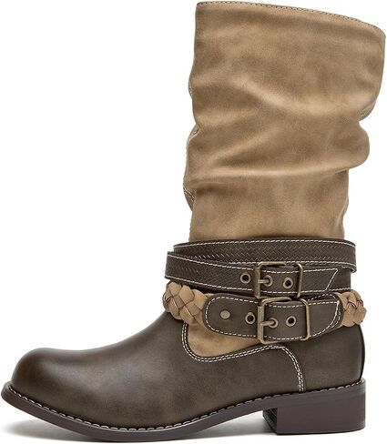 SelRoys Women’s Mid-calf Motorcycle Riding Boots with Buckle Straps Pull-on Low Block Heel Round Toe Slouchy Boots in Saudi Arabia