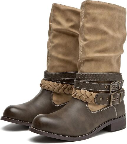SelRoys Women’s Mid-calf Motorcycle Riding Boots with Buckle Straps Pull-on Low Block Heel Round Toe Slouchy Boots in Saudi Arabia