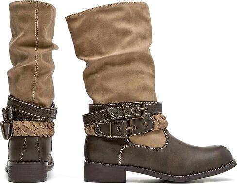 SelRoys Women’s Mid-calf Motorcycle Riding Boots with Buckle Straps Pull-on Low Block Heel Round Toe Slouchy Boots in Saudi Arabia