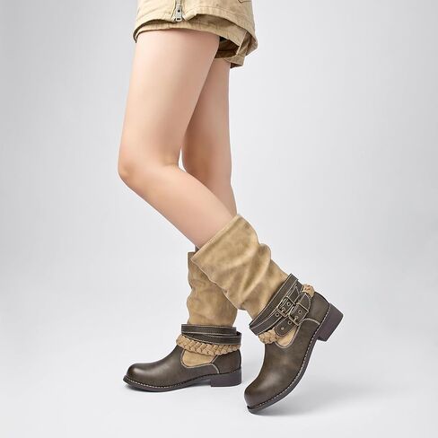 SelRoys Women’s Mid-calf Motorcycle Riding Boots with Buckle Straps Pull-on Low Block Heel Round Toe Slouchy Boots in Saudi Arabia