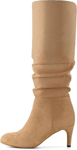 حذاء بوت طويل للركبة من الجلد السويدي للنساء من Shoe'N Tale بمقدمة مستديرة وكعب عالٍ بكعب قطة لارتداء أنيق ومتعدد الاستخدامات in Saudi Arabia