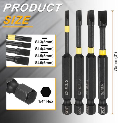 HARFINGTON 4pcs SL3/SL4/SL5/SL6 Slotted Impact Screwdriver Bits 1/4" Hex Shank 75mm (3") Long Magnetic Flat Head Phosphated S2 Steel Screw Driver Drill Bits Electric Power Tool in Saudi Arabia
